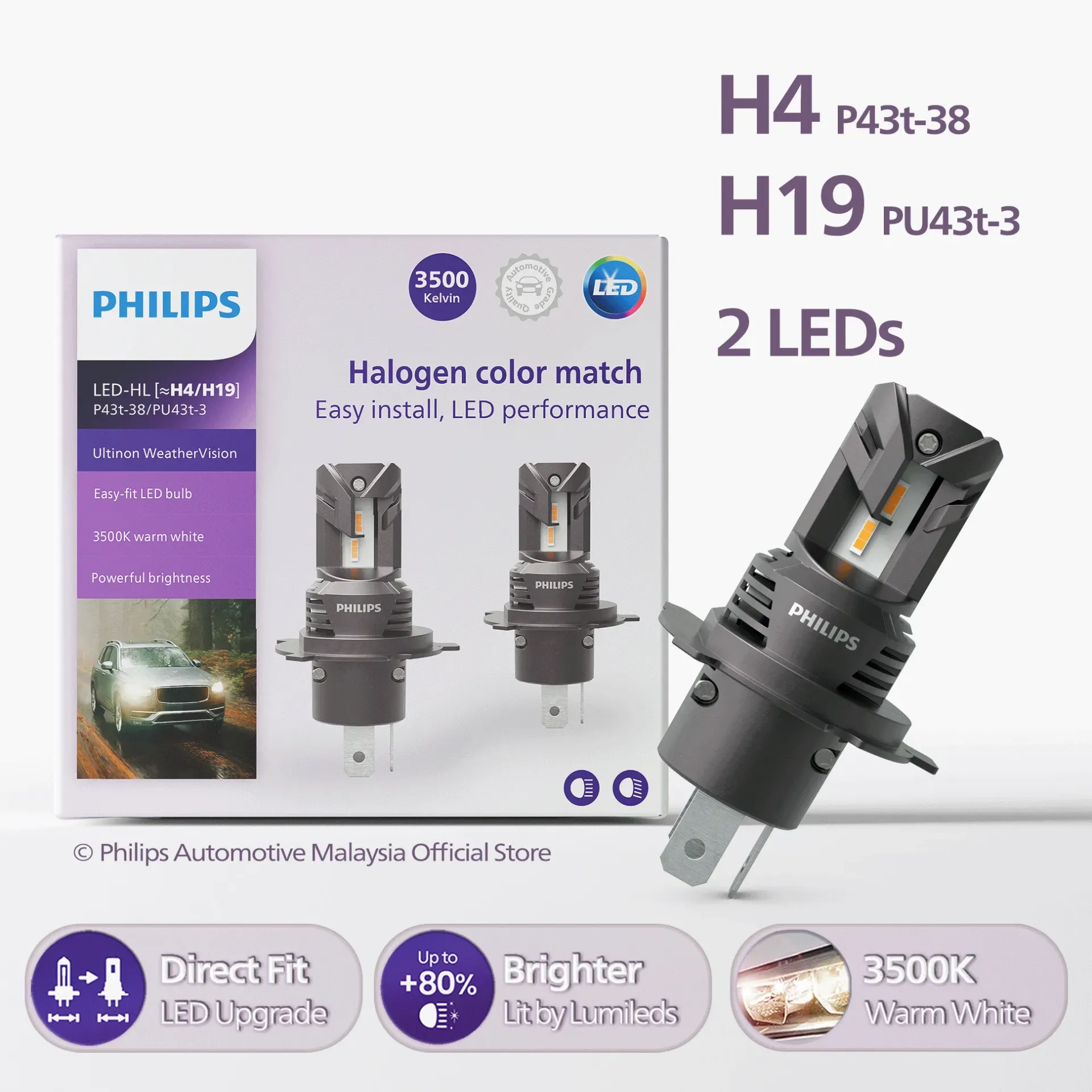 [11342U2510X2] Direct-fit LED Headlights | Ultinon Weather Vision +80% Warm White - H4 H19 (1 Set x 2 Pcs)