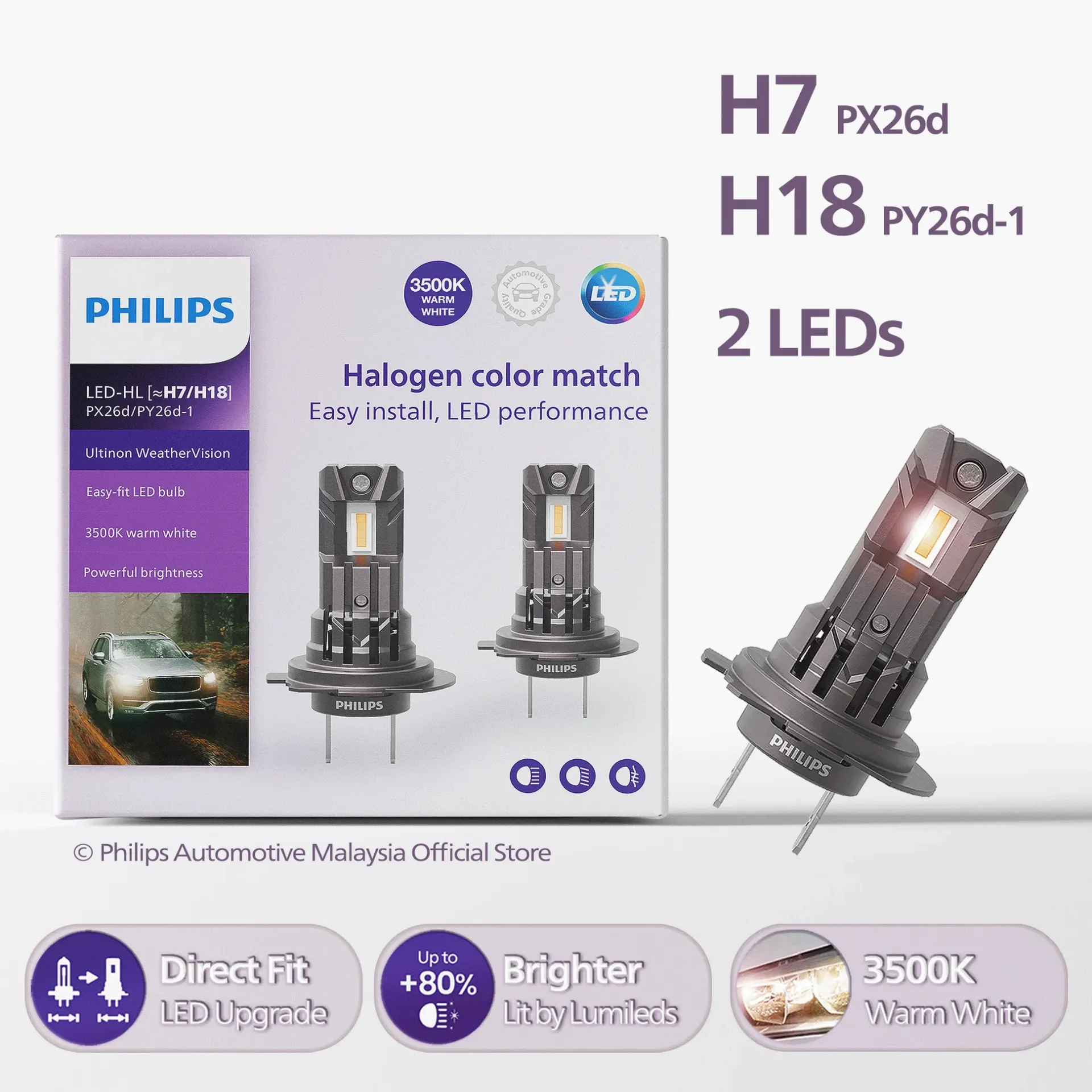 [11972U2510X2] Direct-fit LED Headlights | Ultinon Weather Vision +80% Warm White - H7 H18 (1 Set x 2 Pcs)