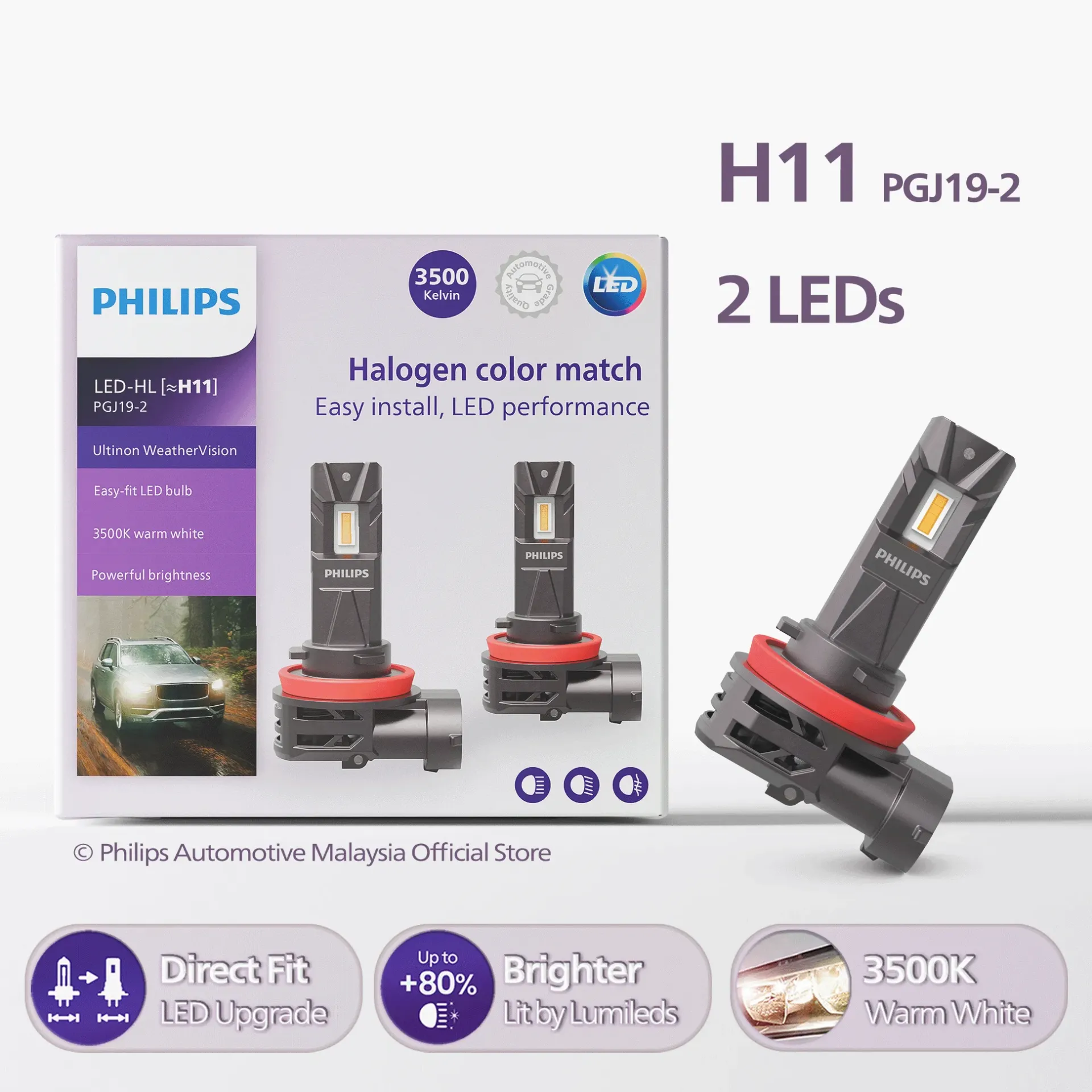 [11362U2510X2] Direct-fit LED Headlights | Ultinon Weather Vision +80% Warm White - H11 H8 H9 H16 (1 Set x 2 Pcs)