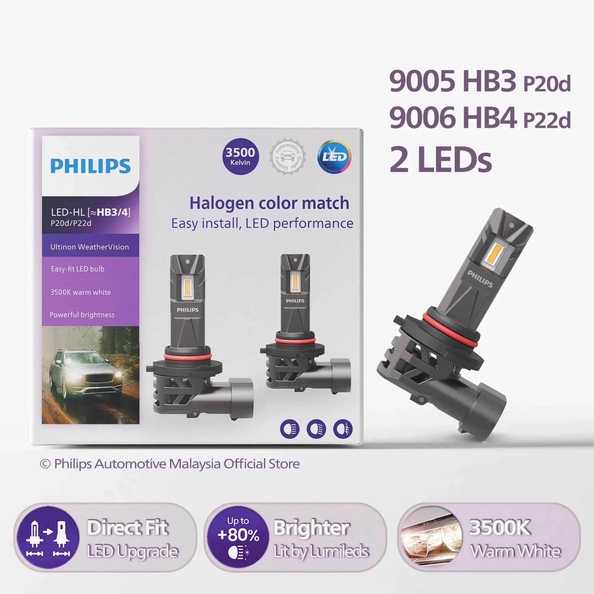 [11005U2510X2] Direct-fit LED Headlights | Ultinon Weather Vision +80% Warm White - HB3 9005 & HB4 9006 (1 Set x 2 Pcs)