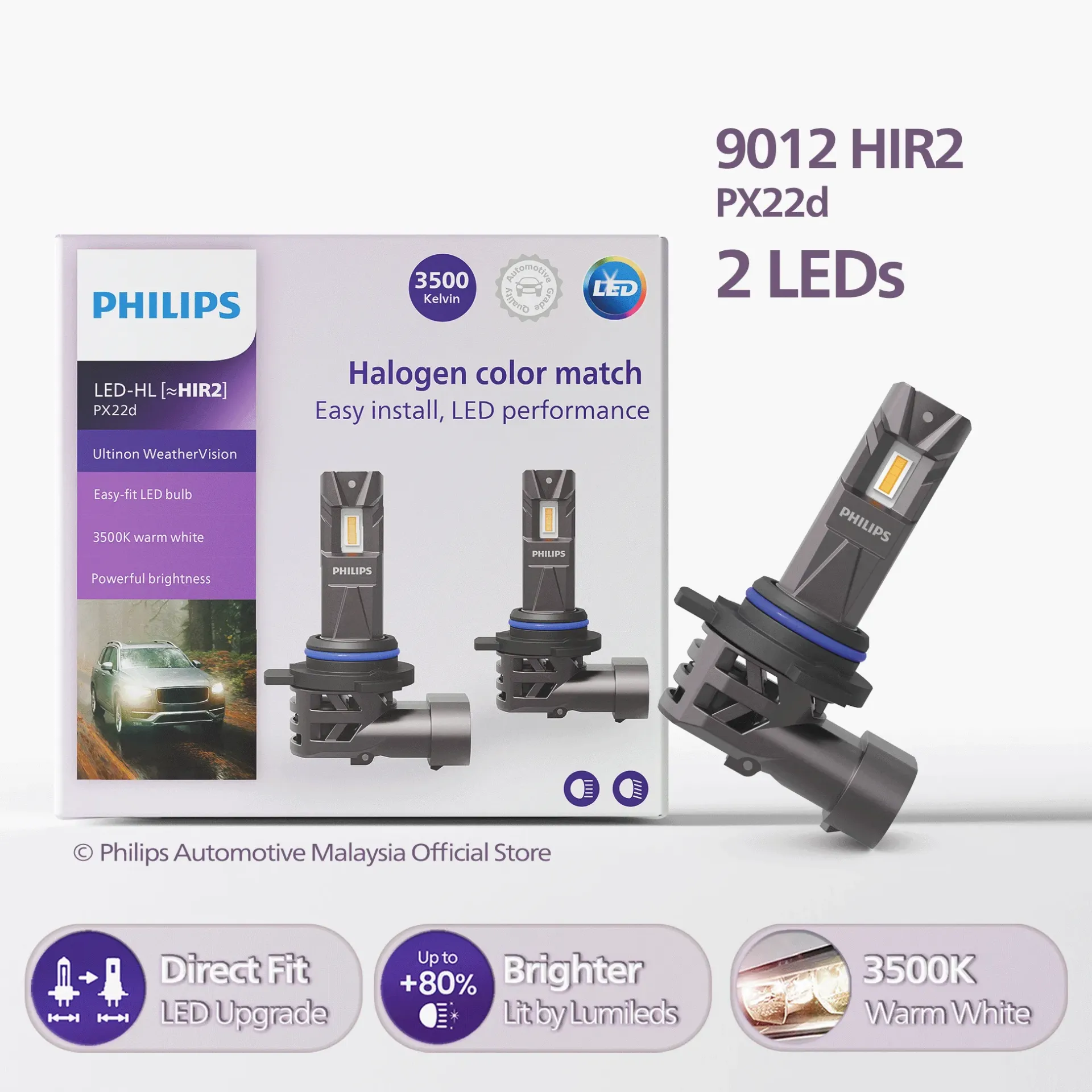 [11012U2510X2] Direct-fit LED Headlights | Ultinon Weather Vision +80% Warm White - HIR2 9012 (1 Set x 2 Pcs)