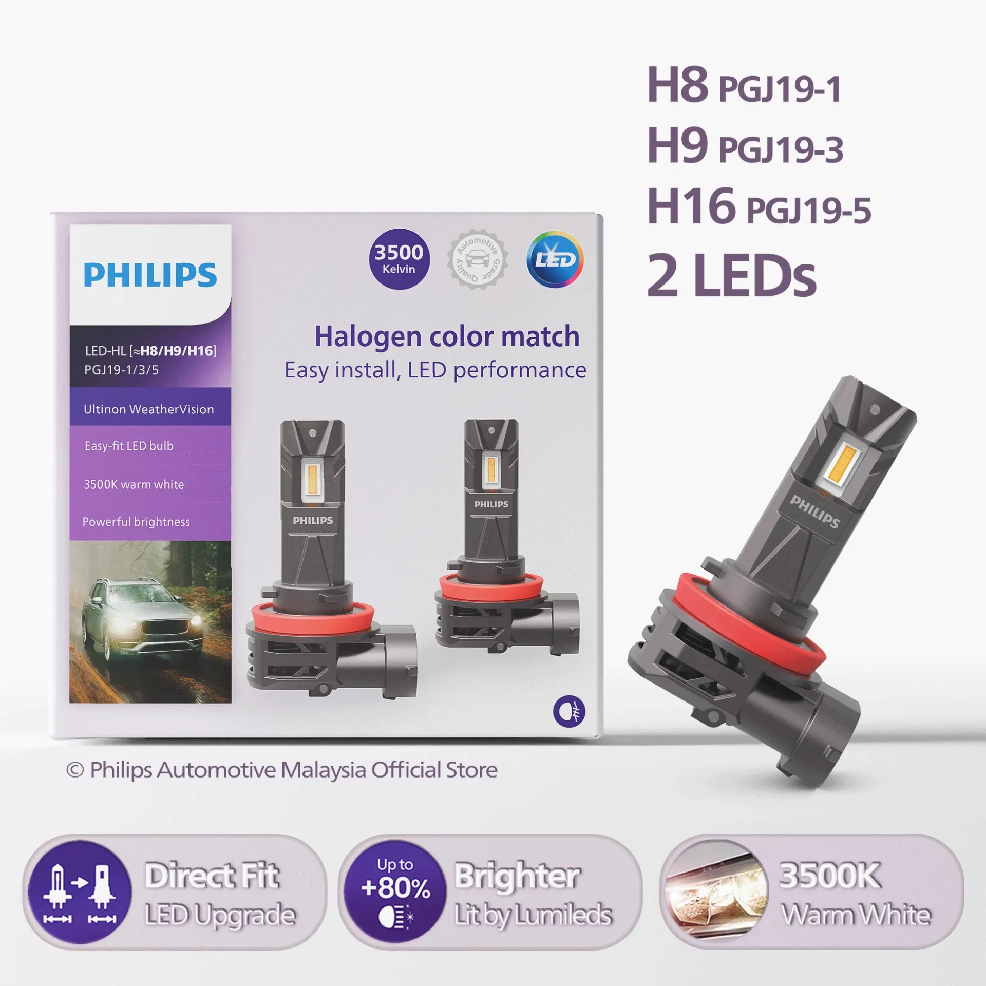 [11366U2510X2] Direct-fit LED Headlights | Ultinon Weather Vision +80% Warm White - Fog H8 H9 H11 H16 (1 Set x 2 Pcs)