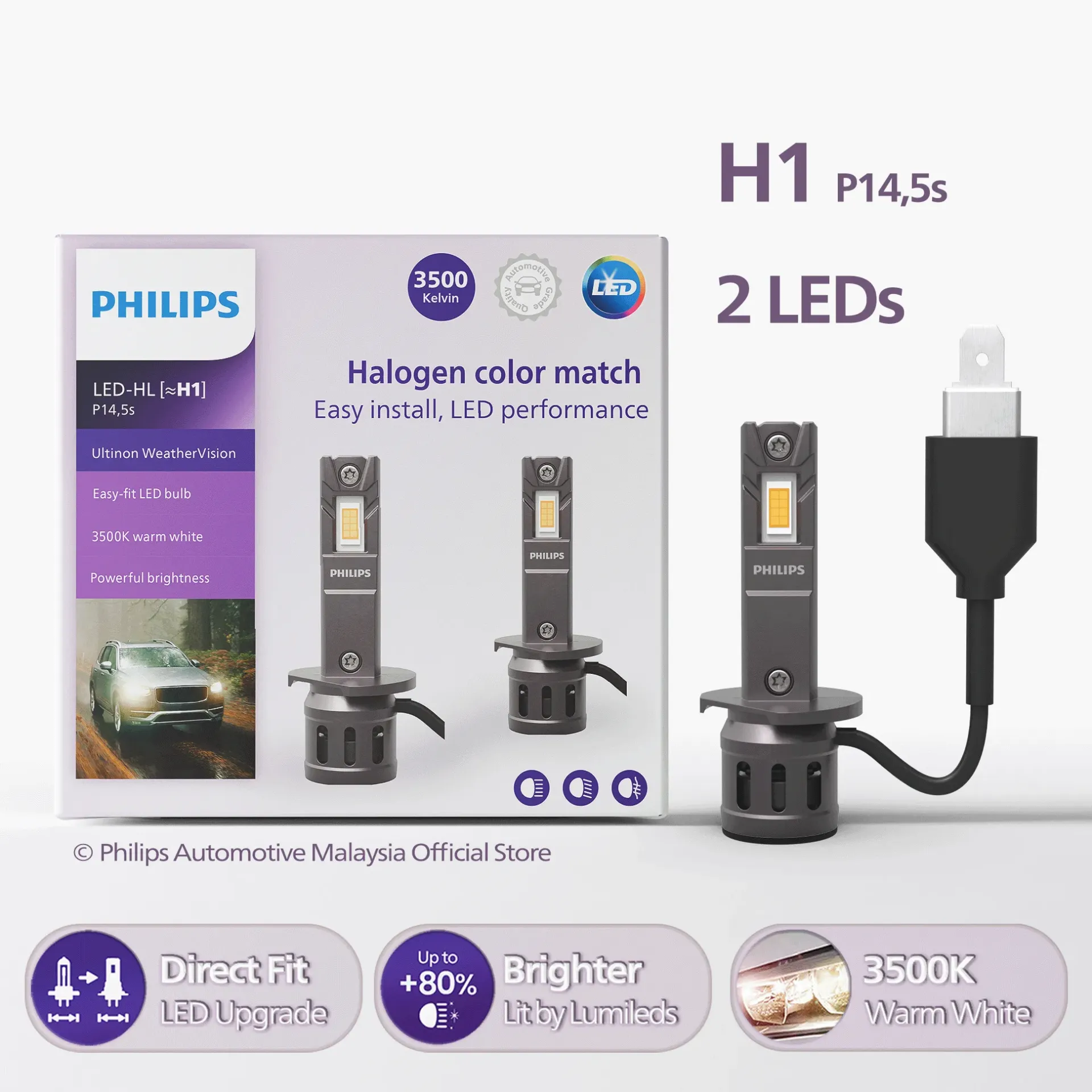 [11258U2510X2] Direct-fit LED Headlights | Ultinon Weather Vision +80% Warm White - H1 (1 Set x 2 Pcs)