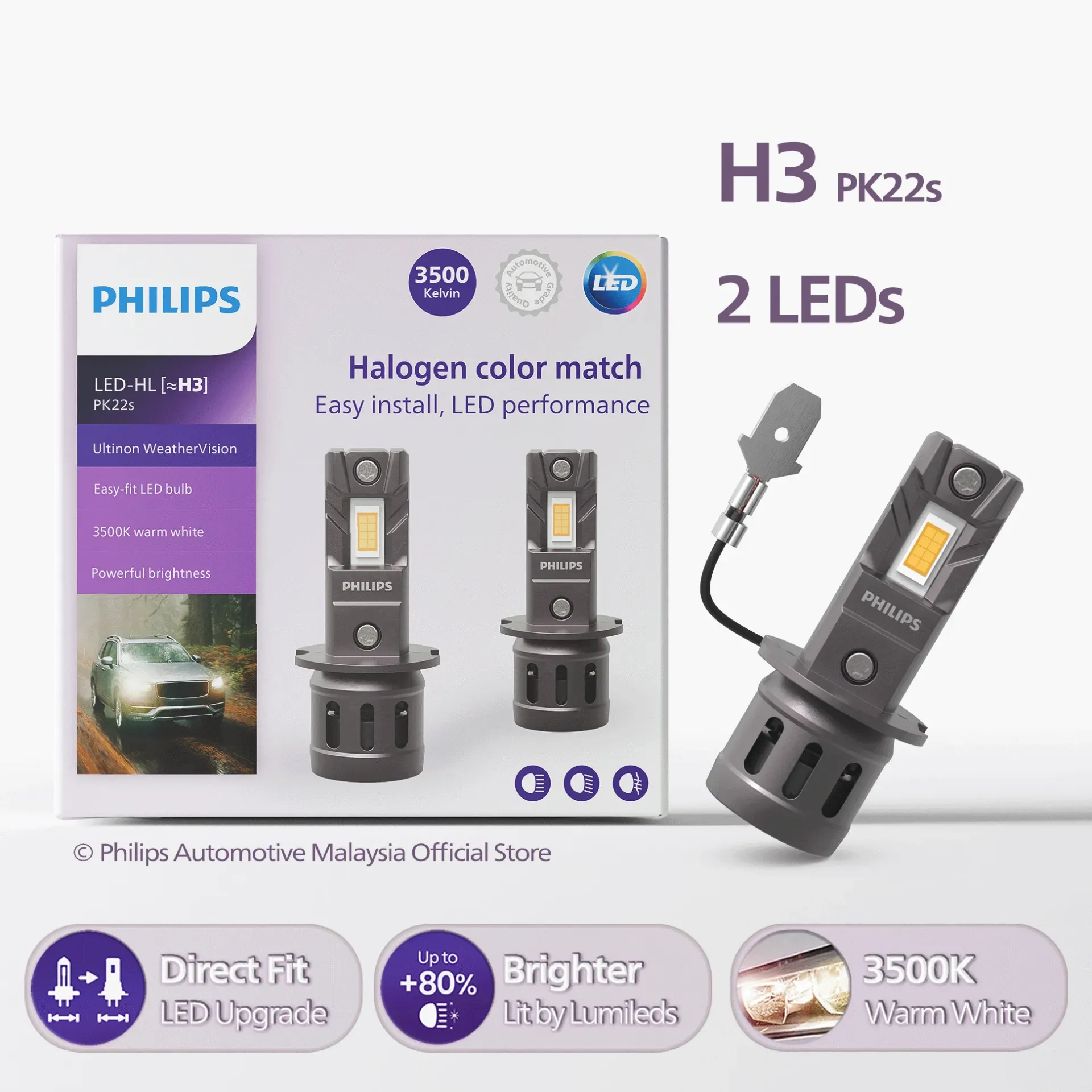 Direct-fit LED Headlights | Ultinon Weather Vision +80% Warm White - H3 (1 Set x 2 Pcs)
