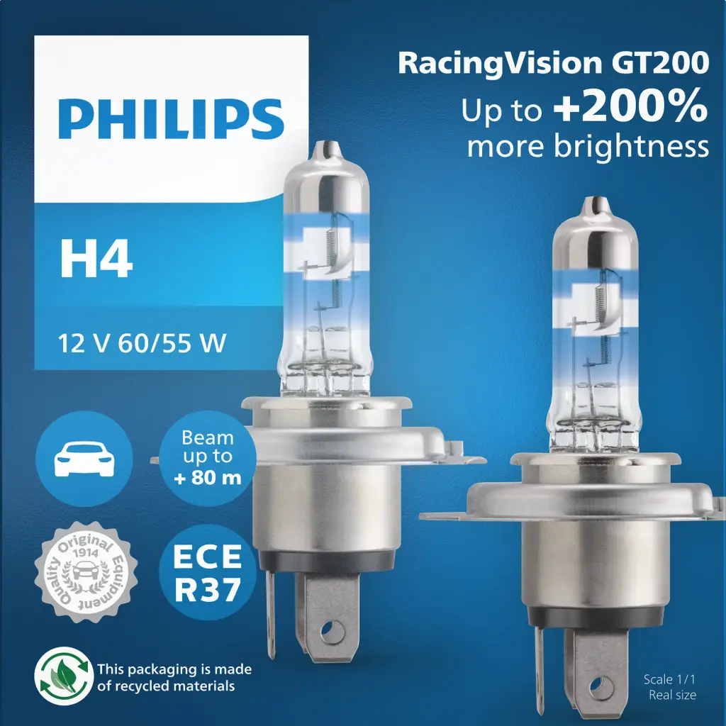 12v Headlights | Racing Vision GT200 +200% - H4 (1 Set x 2 Pcs)