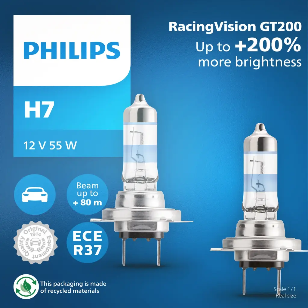 12v Headlights | Racing Vision GT200 +200% - H7 (1 Set x 2 Pcs)