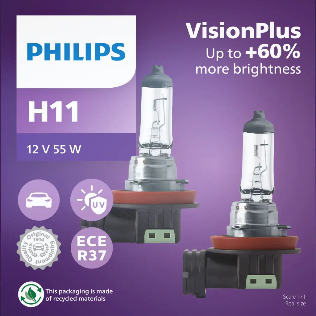 [12362VPS2] Philips Vision Plus 12V +60% | x2 H11 Headlights