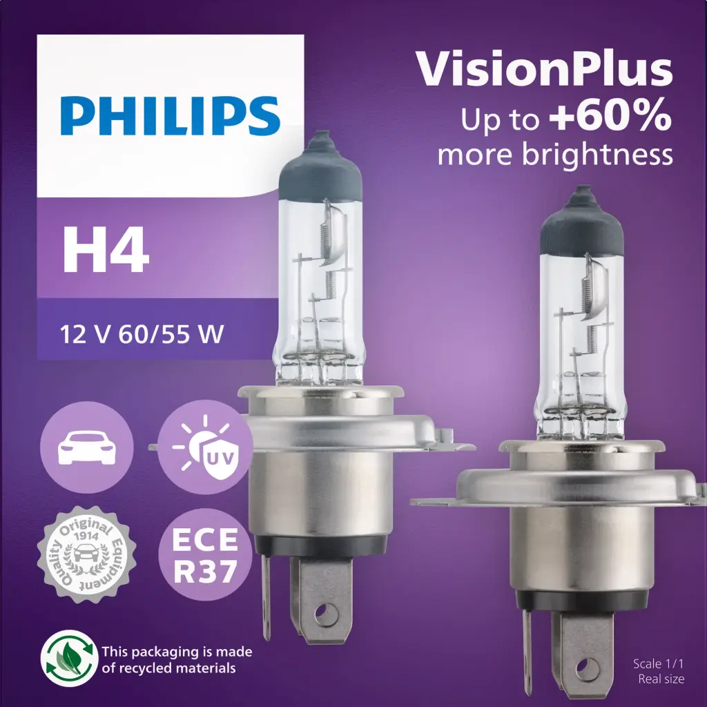 12v Headlights | Vision Plus +60% - H4 (1 Set x 2 Pcs)
