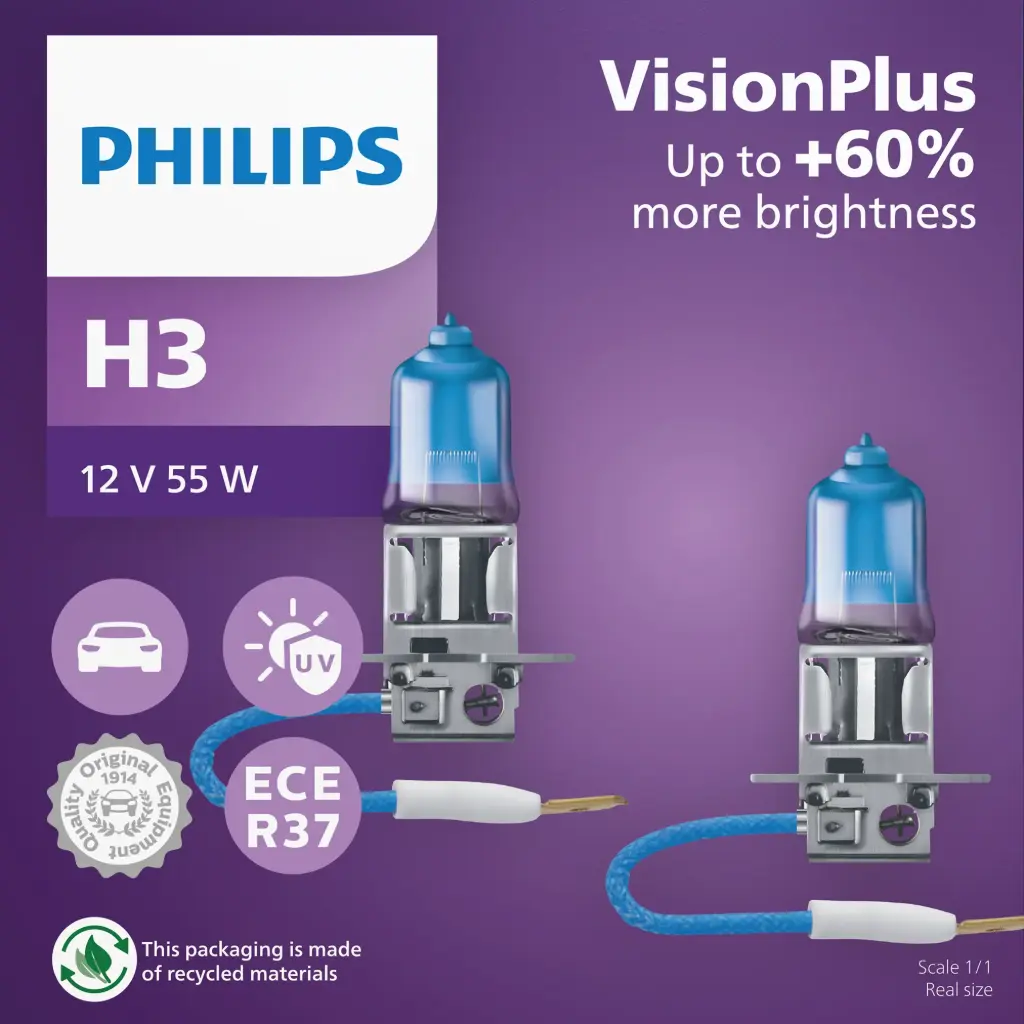 [12336VPS2] Philips Vision Plus 12V +60% | x2 H3 Headlights
