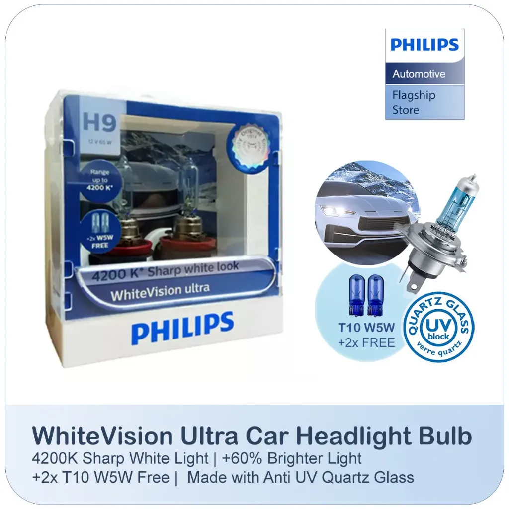 [12361WVUSM] 12v Headlights | White Vision Ultra +60% - H9 & T10 W5W (1 Set x 2 Pcs)