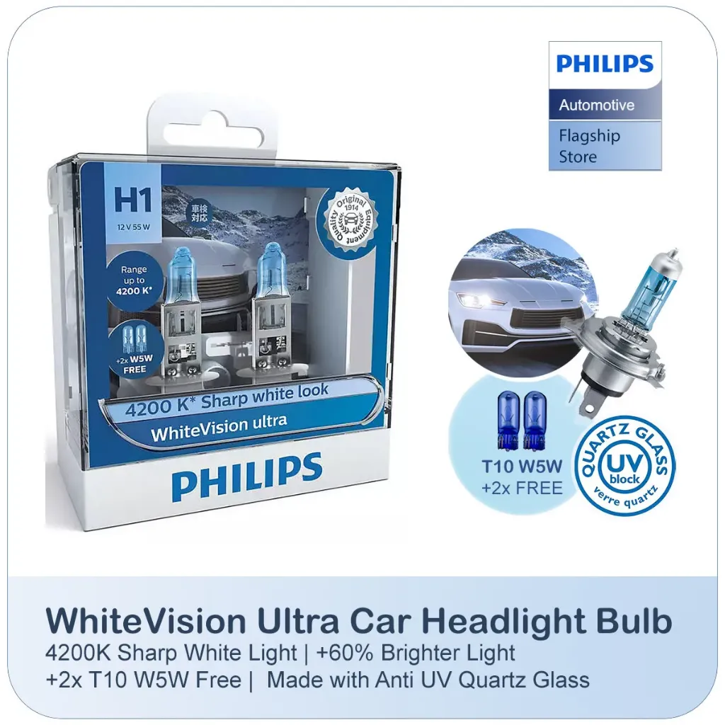 [12258WVUSM] 12v Headlights | White Vision Ultra +60% - H1 & T10 W5W (1 Set x 2 Pcs)