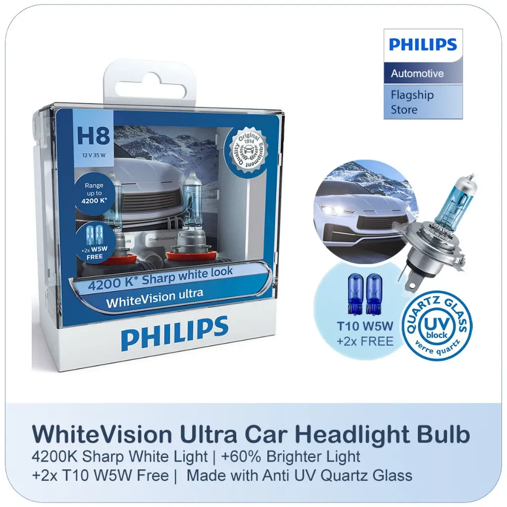 [12360WVUSM] 12v Headlights | White Vision Ultra +60% - H8 & T10 W5W (1 Set x 2 Pcs)