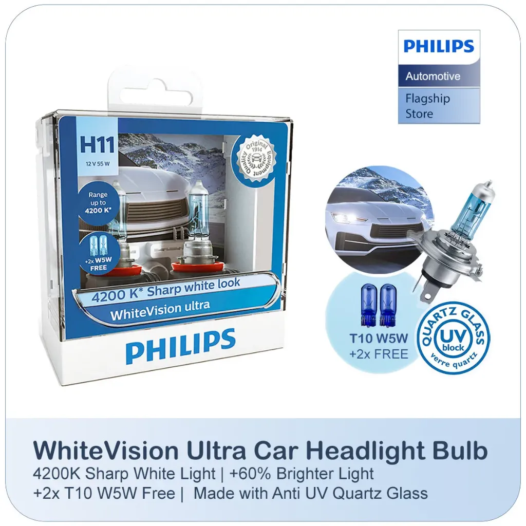 [12362WVUSM] 12v Headlights | White Vision Ultra +60% - H11 & T10 W5W (1 Set x 2 Pcs)