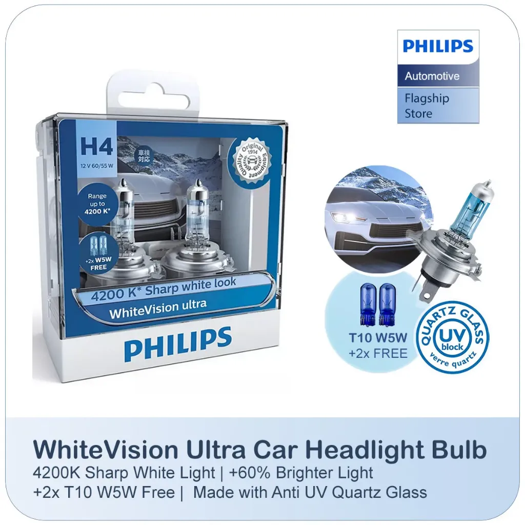 [12342WVUSM] 12v Headlights | White Vision Ultra +60% - H4 & T10 W5W (1 Set x 2 Pcs)