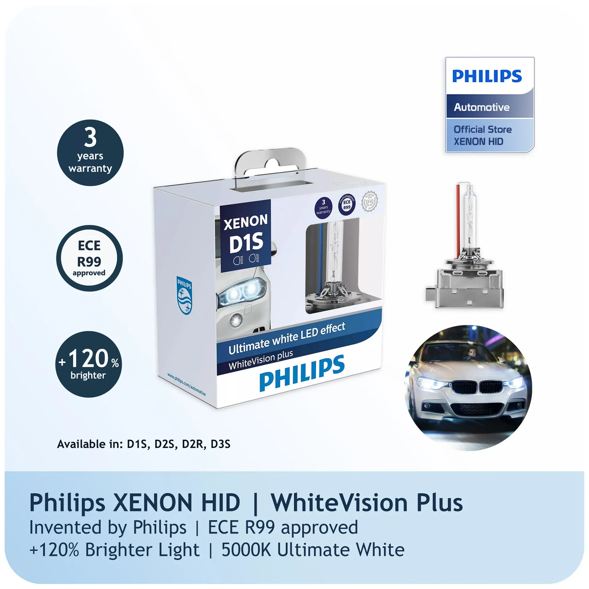 [85415WHV2X2] HID Headlights | Xenon WhiteVision Plus +120% - D1S (5000K) (1 Set x 2 Pcs)